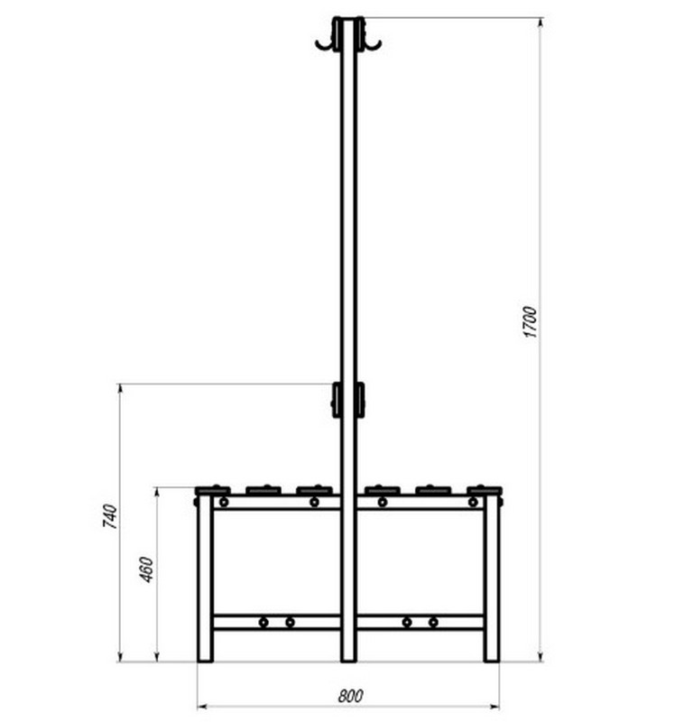 Скамейка с вешалкой для раздевалок двухсторонняя, 120 см Spektr Sport разборная 748_800