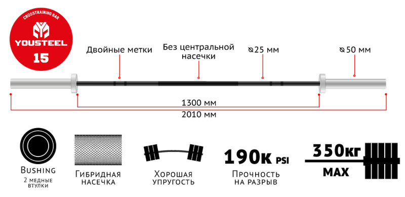 Гриф YouSteel Training Bar XF-15, 15кг, длина 2010мм, D25мм, bushing, черный оксид + хром 800_389